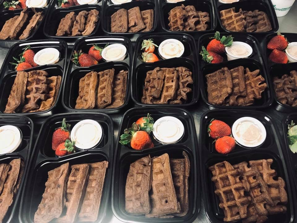 Chocolate Peanut Butter Waffles w/ Peanut Butter Syrup w/ Side of Strawberries