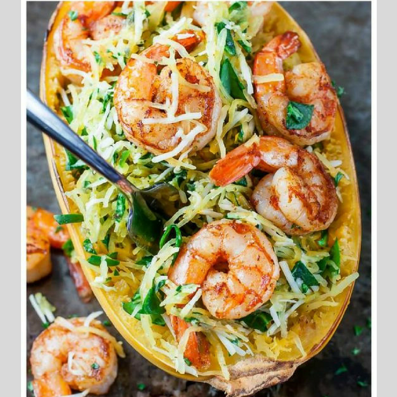 Pesto Parmesan Spaghetti Squash and Shrimp