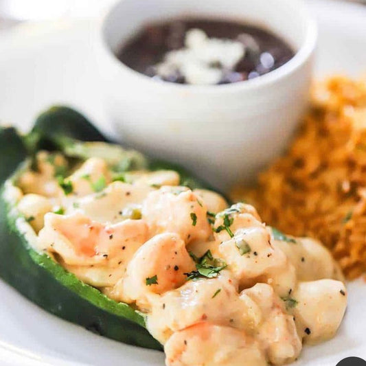 Shrimp Stuffed Poblano Peppers w Rice & Beans