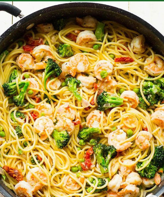 Summer Pasta Primavera with Roasted Garlic Shrimp