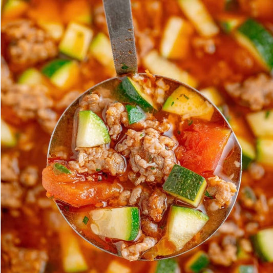 Roasted Zucchini tomato soup with Italian sausage