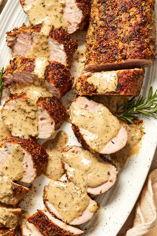 Herb Crusted Pork Loin & Creamy Dijon Sauce w/Green Beans & Truffled Mashed Potatoes