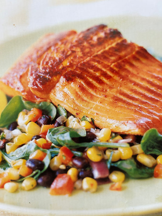 Honey Glazed Lime Salmon on SW Corn & Black Bean Salsa
