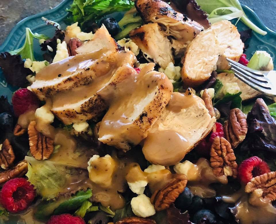 Grilled Chicken Salad Blueberries, Blue Cheese & Pecans w/ Balsamic Vinaigrette