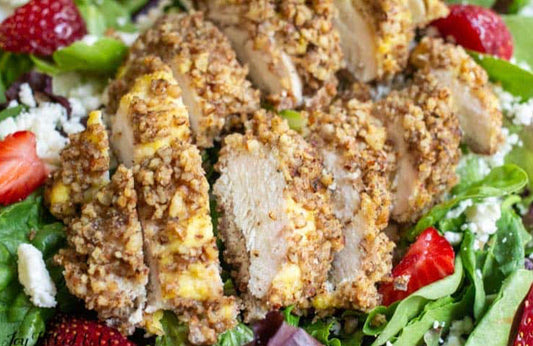 Pecan crusted chicken salad maple Dijon dressing