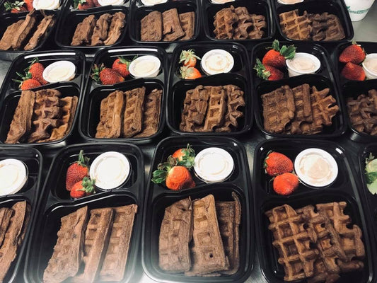 Chocolate Peanut Butter Waffles w/ Peanut Butter Syrup w/ Side of Strawberries
